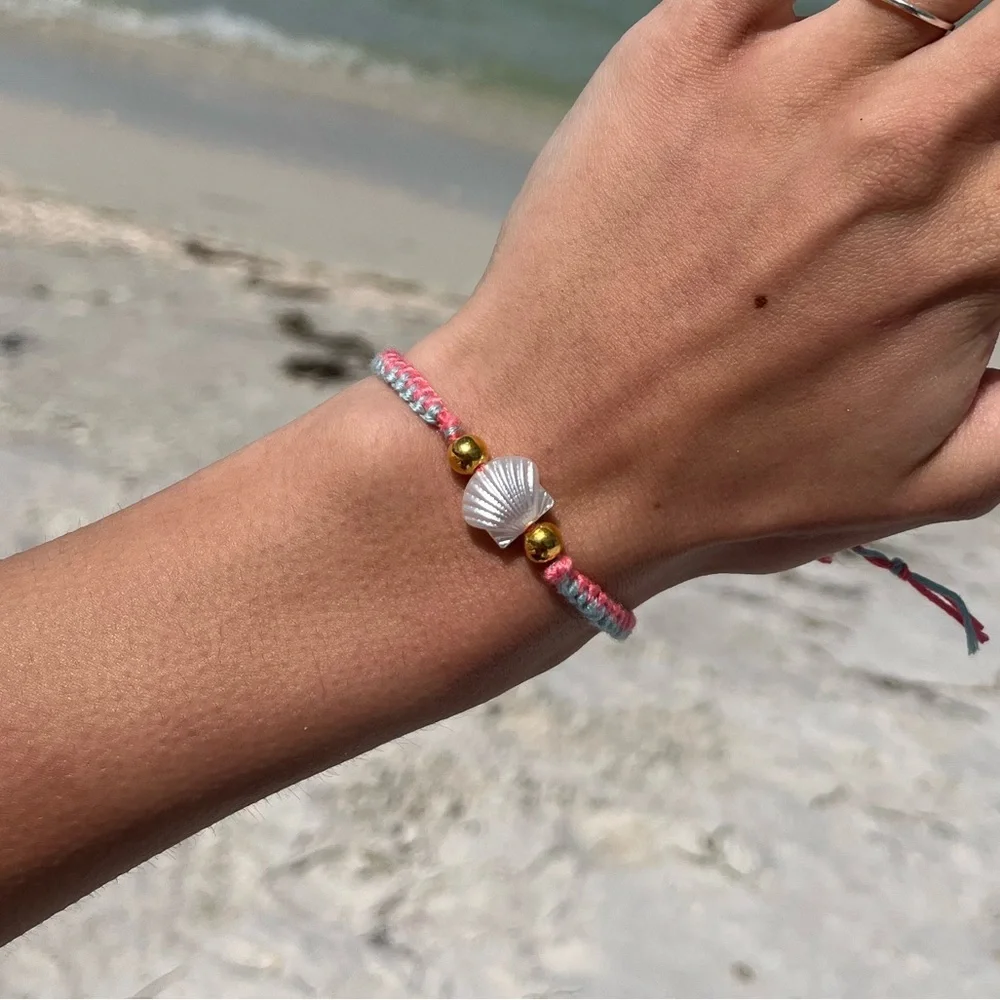 Handmade woven pink and blue zipper bracelet with pearl shell bead